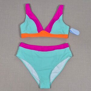 Hilinker Womens Colorblock Bikini Set High Waisted Teal Pink Orange XL NWT